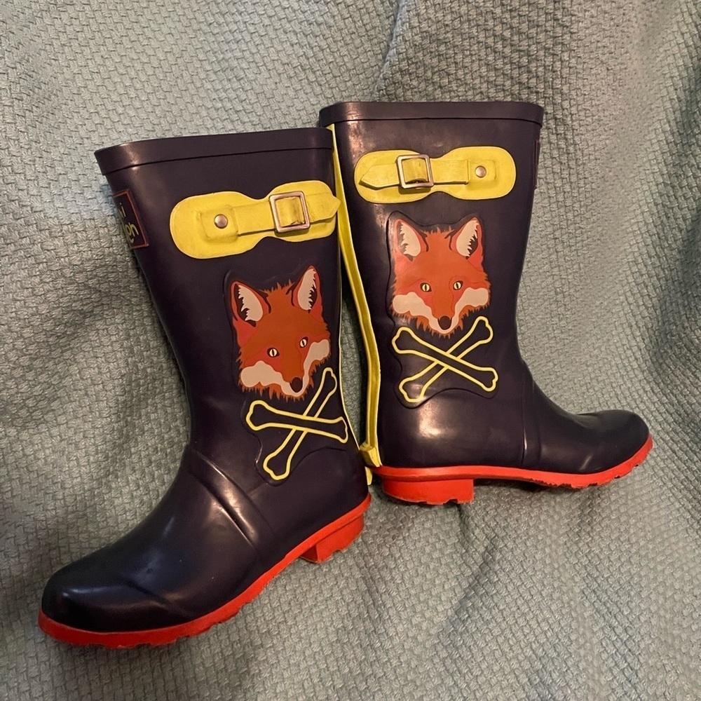Toddler Boys Mini Boden Fox Crossbones Blue Rain Boots Size 31 US Size 13